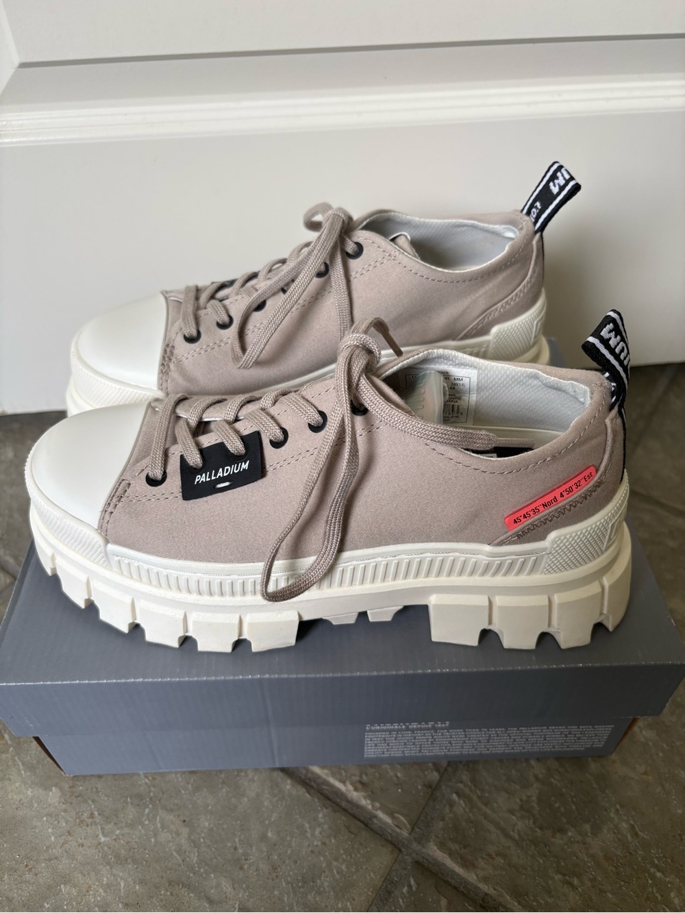Palladium Low-Top Platform Sneakers in Taupe and White with Pink Accent